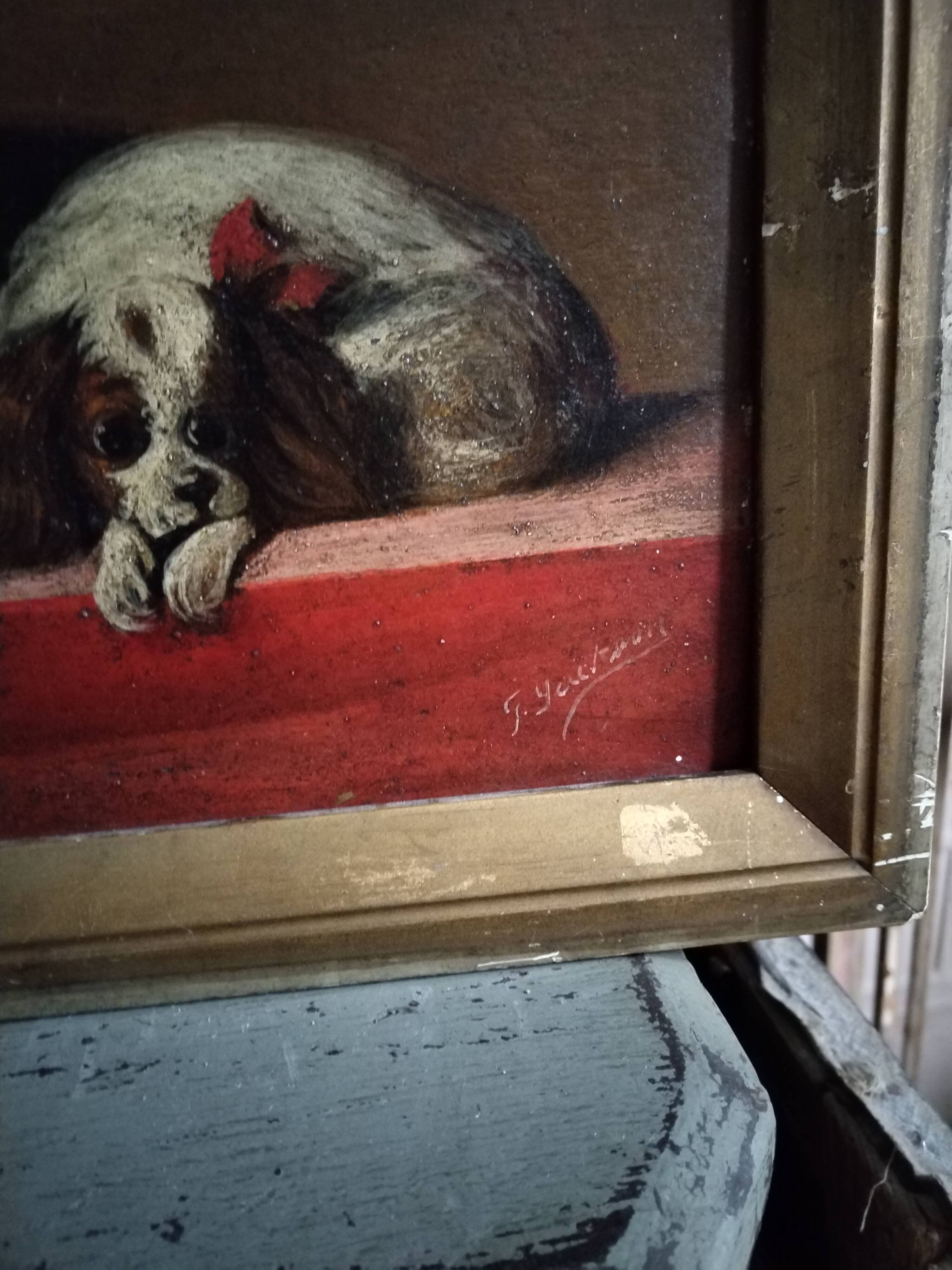 Oil dogs on wood 19th century signed