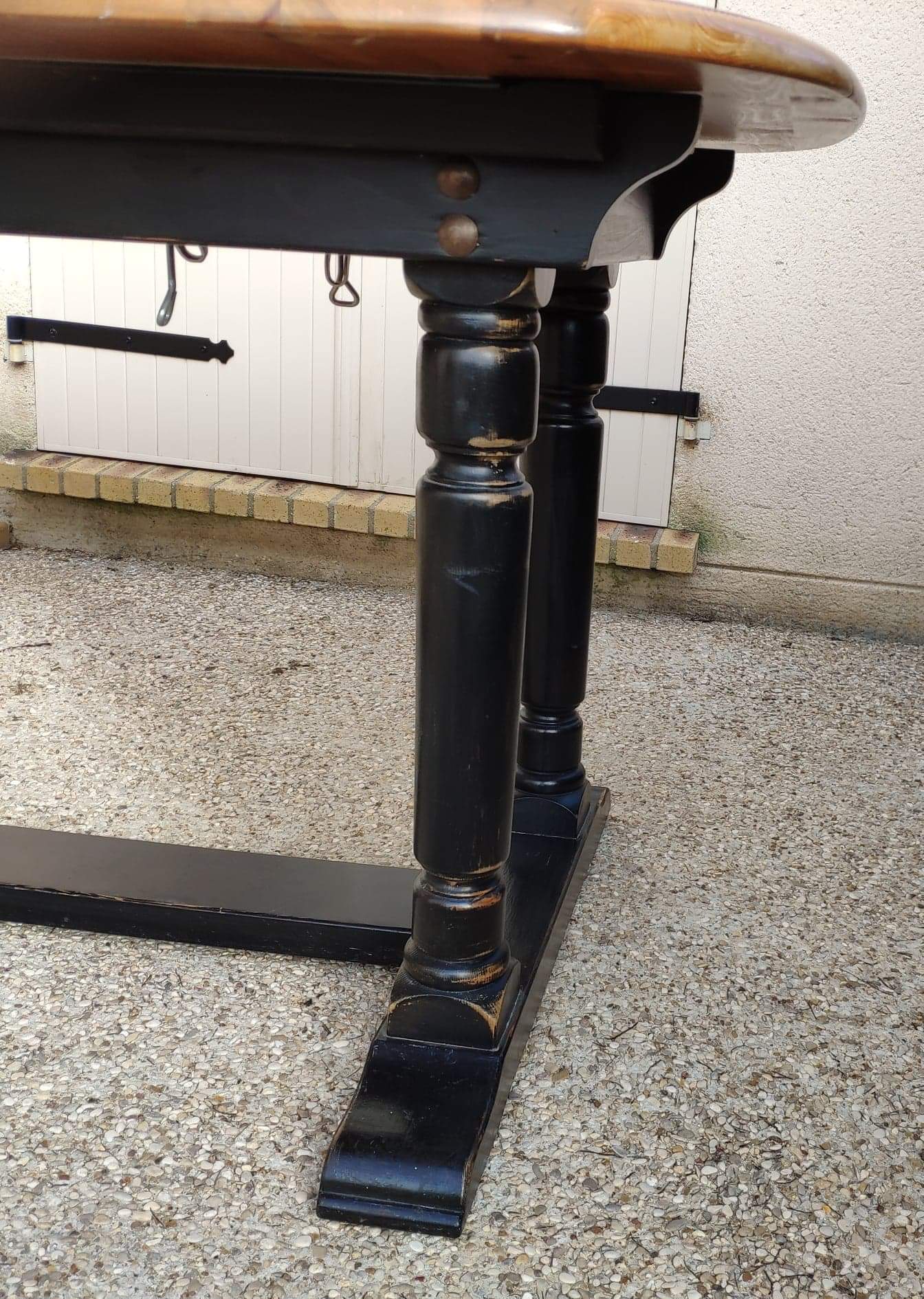 Table set and 6 solid pine chairs repainted and patinated black