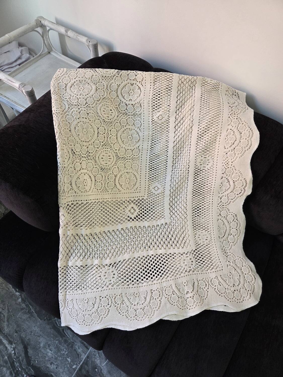 Vintage crochet bedspread in off-white