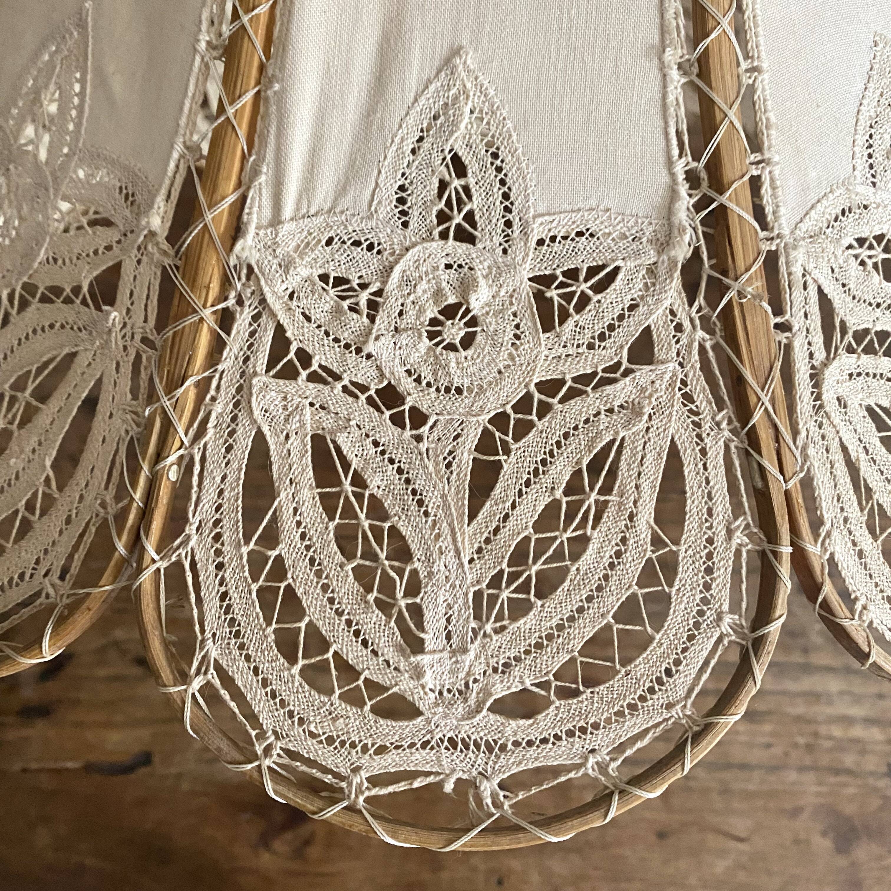 Antique hanging lampshade in rattan and openwork embroidered fabric