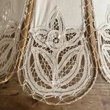 Antique hanging lampshade in rattan and openwork embroidered fabric