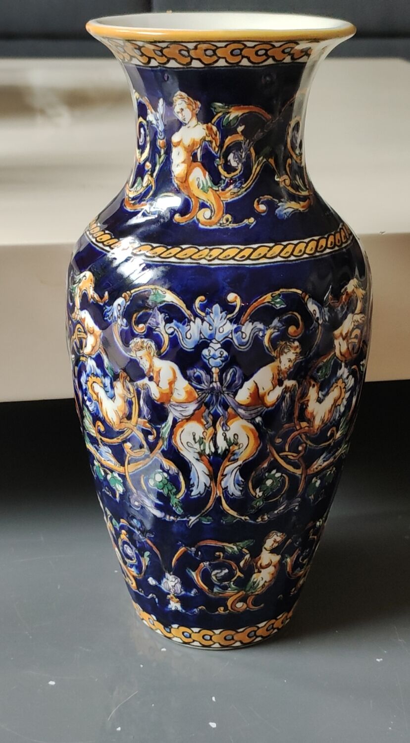 Twisted design vase. Signed Gien France/Renaissance blue background 26 x 13cm