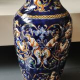 Twisted design vase. Signed Gien France/Renaissance blue background 26 x 13cm
