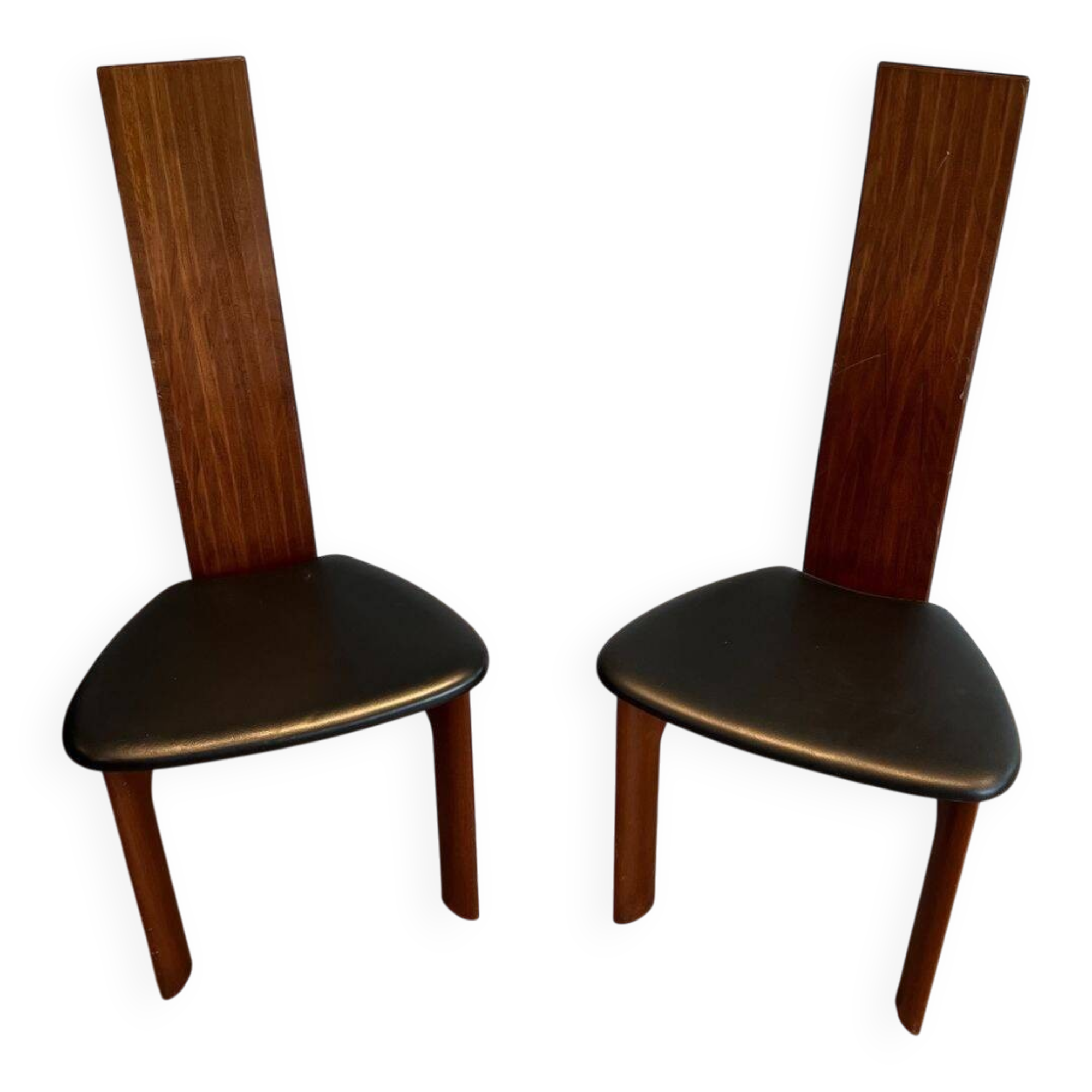 Pair of High Back Chairs, Exotic Wood & Black Leather, Scandinavian, varnished