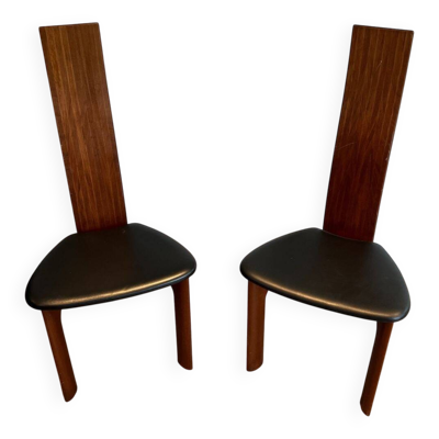 Paire de Chaises à Dossier Haut, Bois Exotique & Cuir Noir, Scandinave, ver
