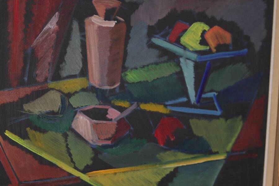 Original mid-century Swedish oil on canvas – “Kubisk Still Life” by Bror Göransson – vintage & framed – 75 × 64 cm (29.5" × 25.2")