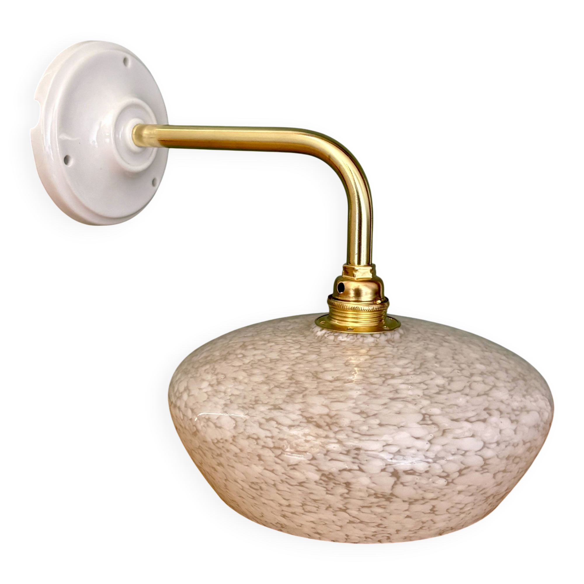 Vintage glass wall lamp with a curved arm from Clichy, white.