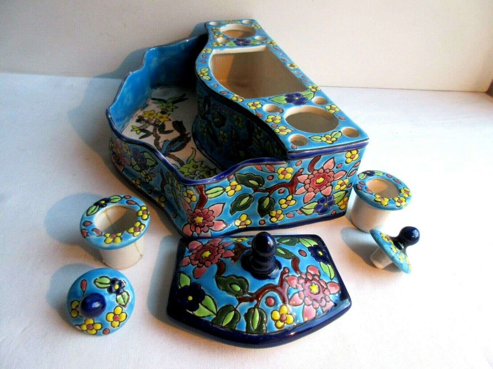 Double ink in enamels like Longwy  blue ceramic: Peonies and Bird