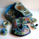 Double ink in enamels like Longwy  blue ceramic: Peonies and Bird