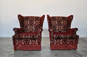 Mid-Century armchairs in damask red velvet, Italy, 50s, set of 2