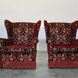 Mid-Century armchairs in damask red velvet, Italy, 50s, set of 2