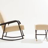 Jacques Adnet Rocking chair and ottoman in leather and mohair velvet 1950