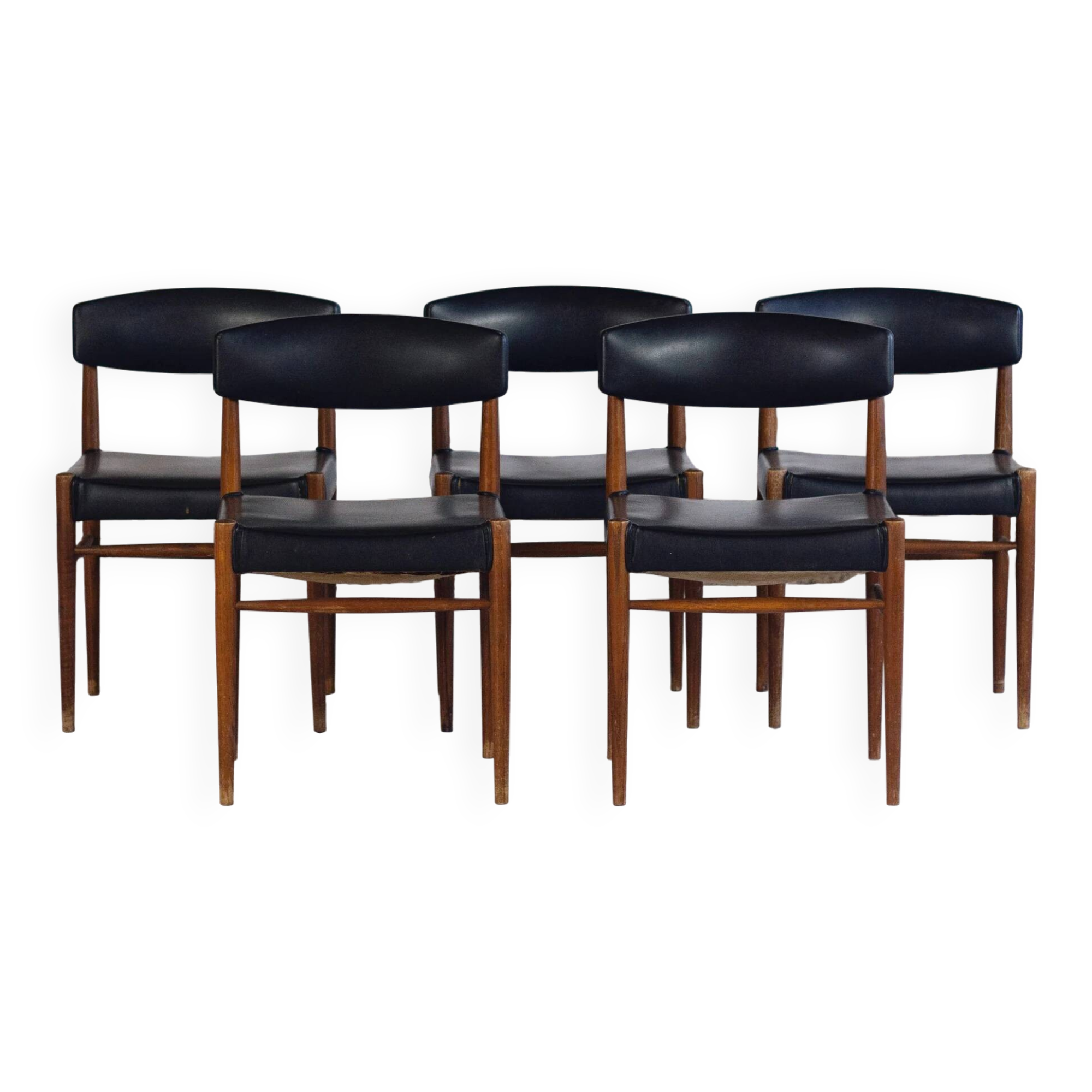 Set of 5 Scandinavian chairs in teak and faux leather, 1960.