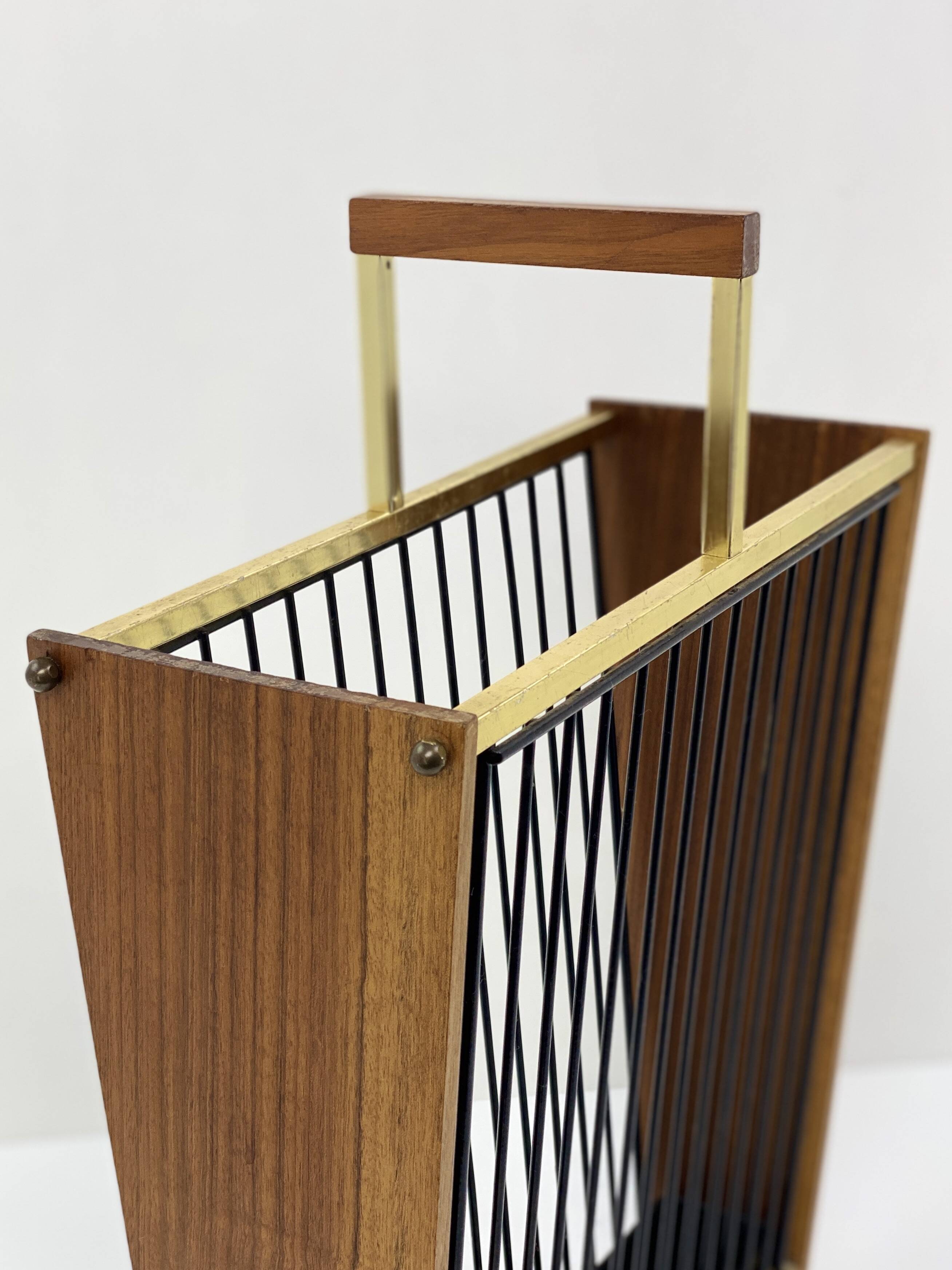 Vintage wooden umbrella stand, brass, 1960s design