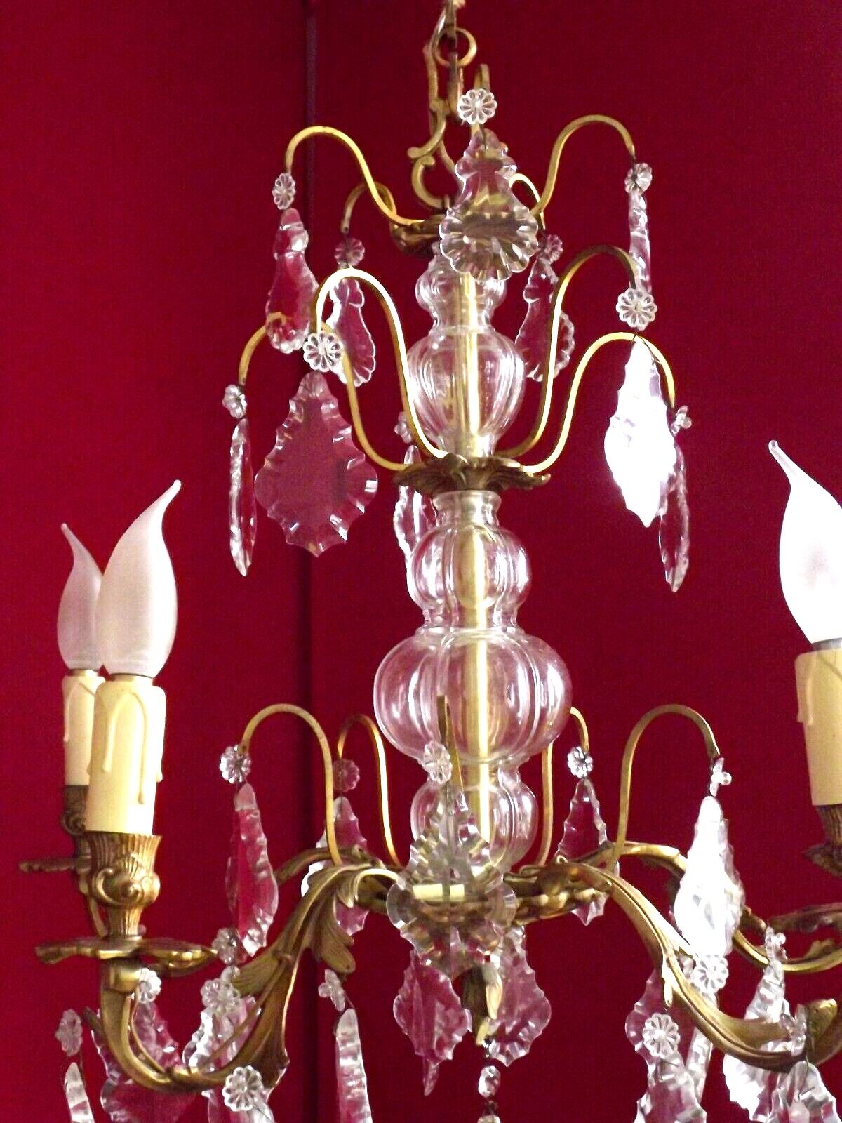 French antique 5 light brass crystal & glass acanthus leaf chandelier