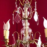 French antique 5 light brass crystal & glass acanthus leaf chandelier