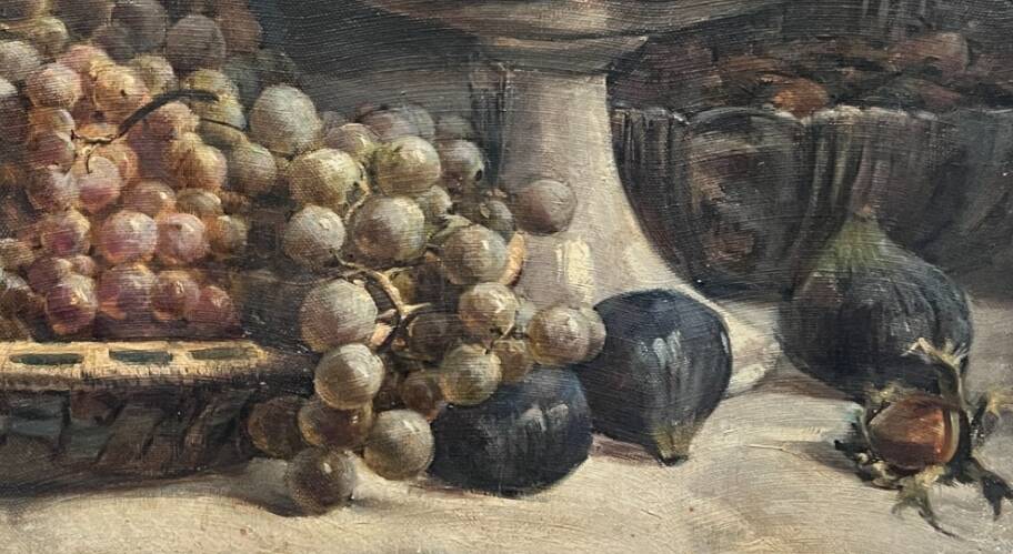 Painting by gaston ploquin (1882-1970) grapes, still life of fruits