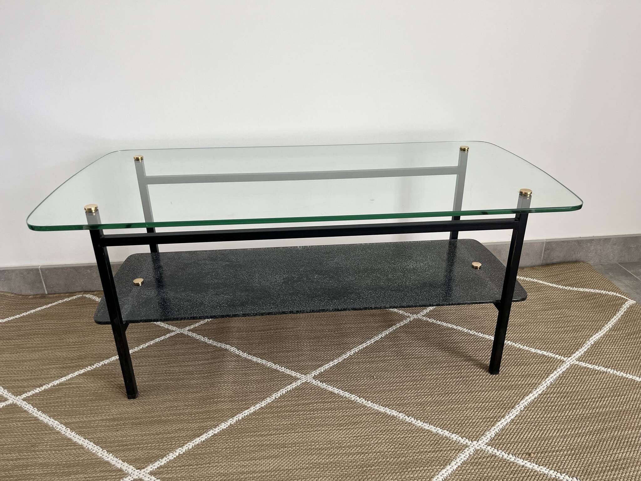 Coffee table with 2 shelves, glass and metal, from the 50s