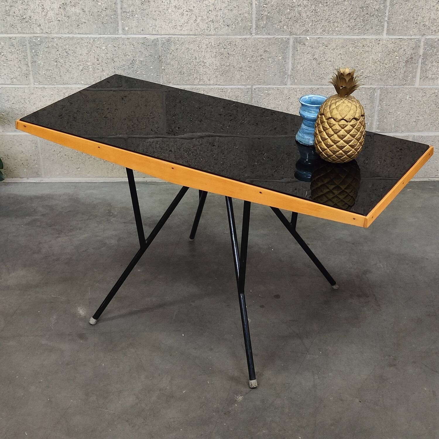 Metal and wood table, black Opaxit top, Czech Republic 1960