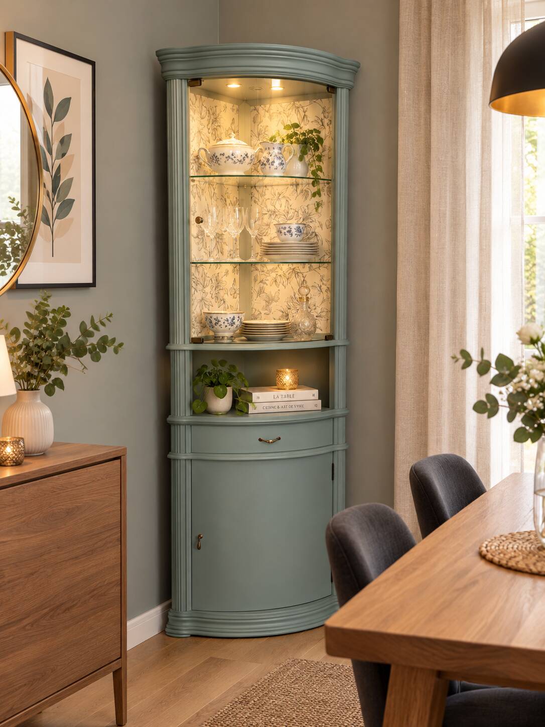 Corner display cabinet in bronze green