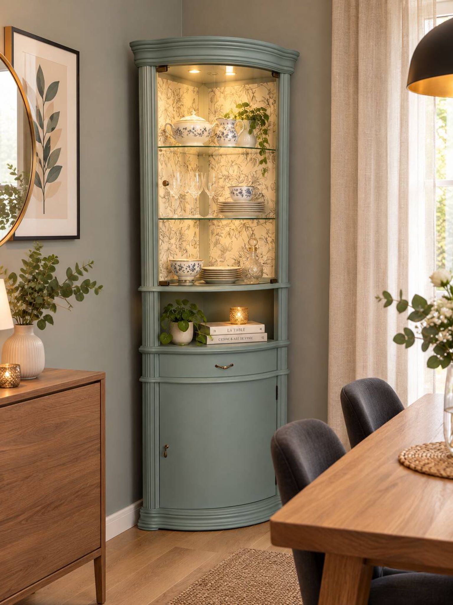 Vitrine vaisselier d'angle vert bronze
