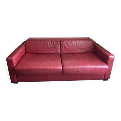 Canapé convertible en cuir véritable de vachette rouge