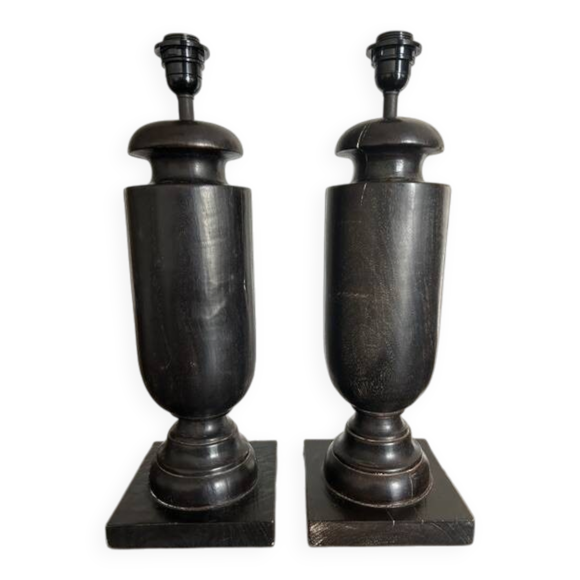 Vintage turned blackened wooden baluster lamp base