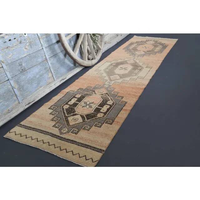 1970s Vintage Turkish Oushak Handmade Wool Cotton Orange Runner Rug 95x374