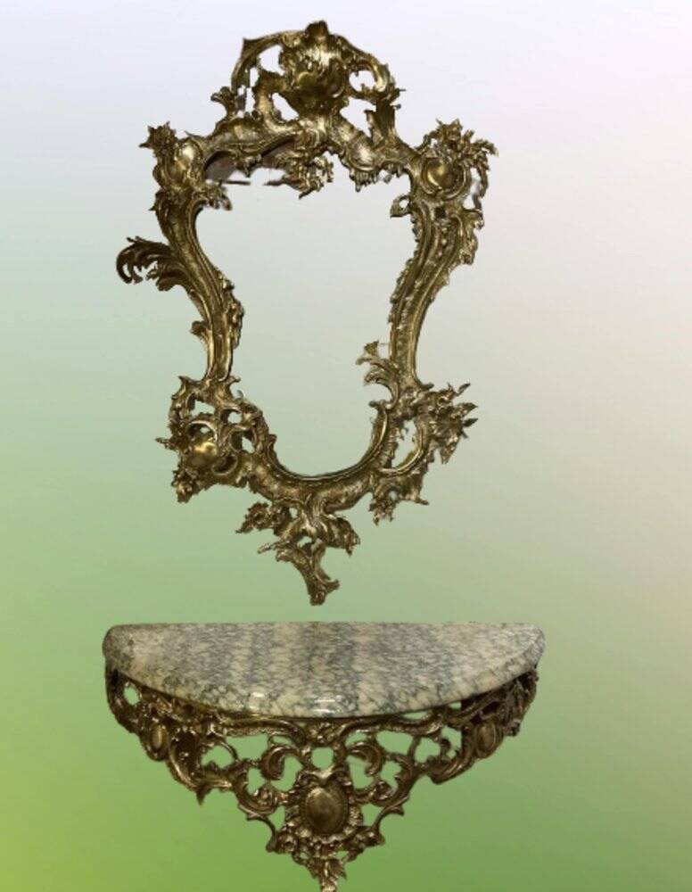 Console murale en bronze et miroir, années 60. Lot de 2