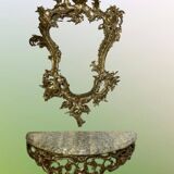 Console murale en bronze et miroir, années 60. Lot de 2