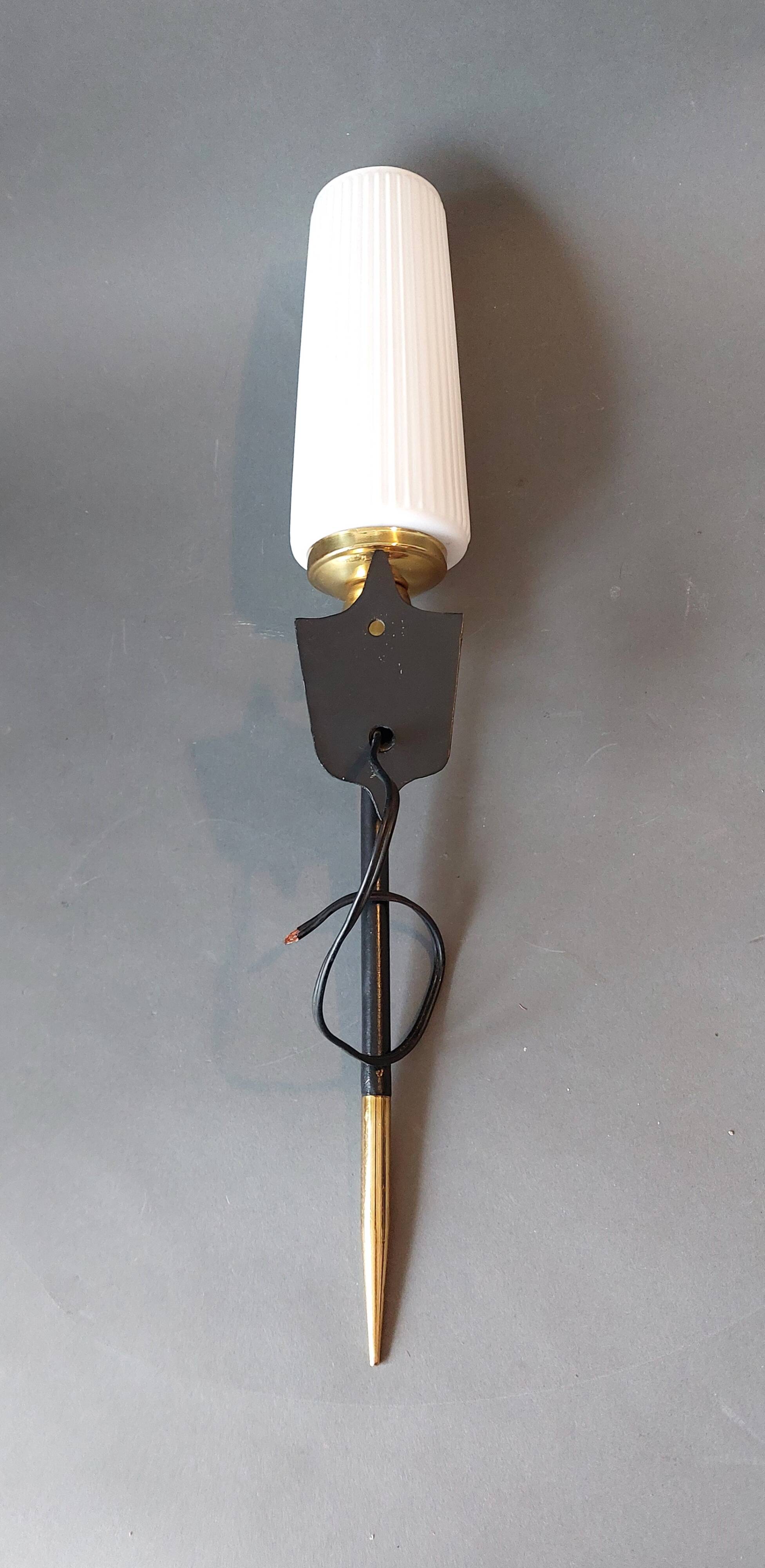 Large 1960 torchiere wall light in black metal, gilded brass and vintage white opaline.