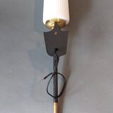 Large 1960 torchiere wall light in black metal, gilded brass and vintage white opaline.