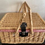 Large Suitcase, wicker picnic basket and red Vichy
