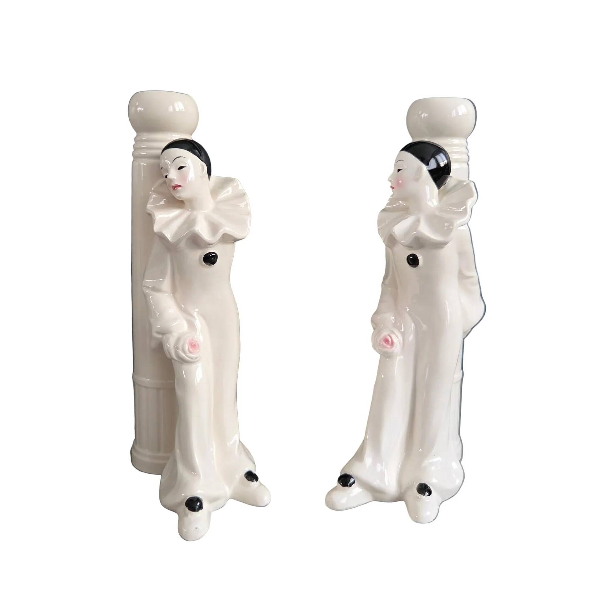 Pair of Pierrot candlesticks in earthenware - 1980s