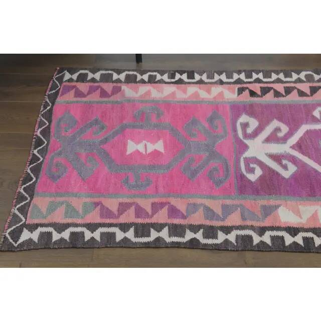 1970s Vintage Turkish Hand-Knotted Wool Cotton Pink Runner Rug 98x303