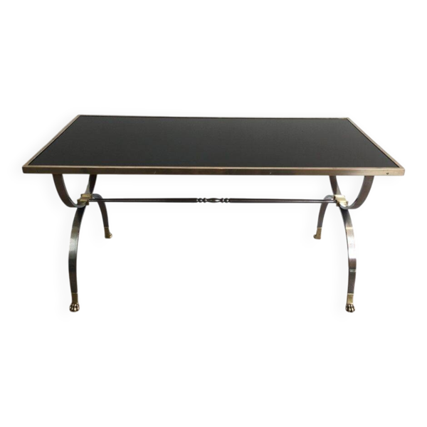 Table basse en acier brossé et laiton. Maison Jansen