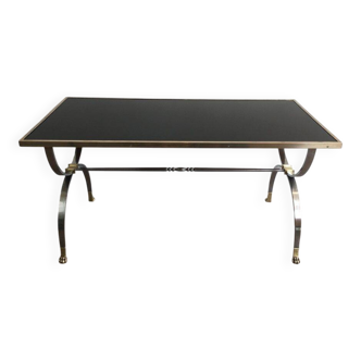 Coffee table in brushed steel and brass. Maison Jansen