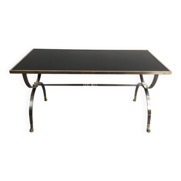 Coffee table in brushed steel and brass. Maison Jansen