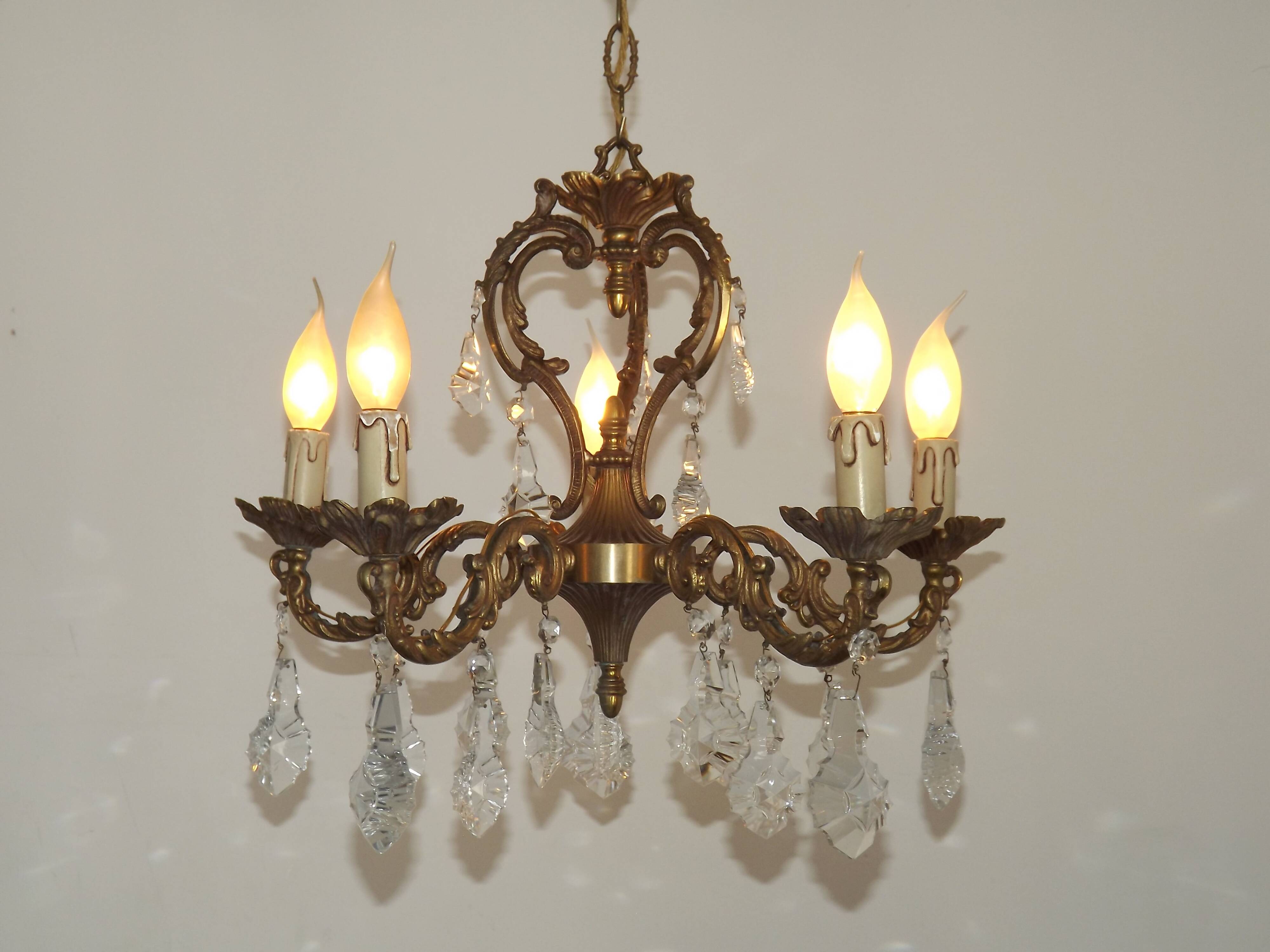 French Art Nouveau 5-Light Bronze 3 sided Crystal Cage Chandelier