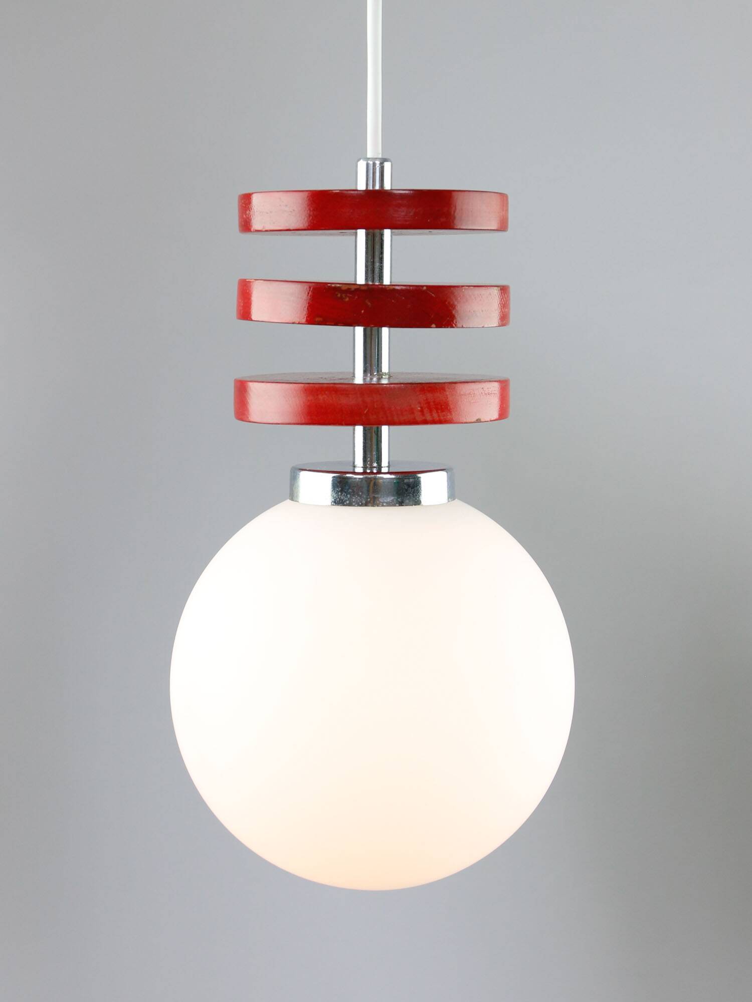 Vintage Italian Red Disc Pendant Lamp In Chrome and Wood, 1970s