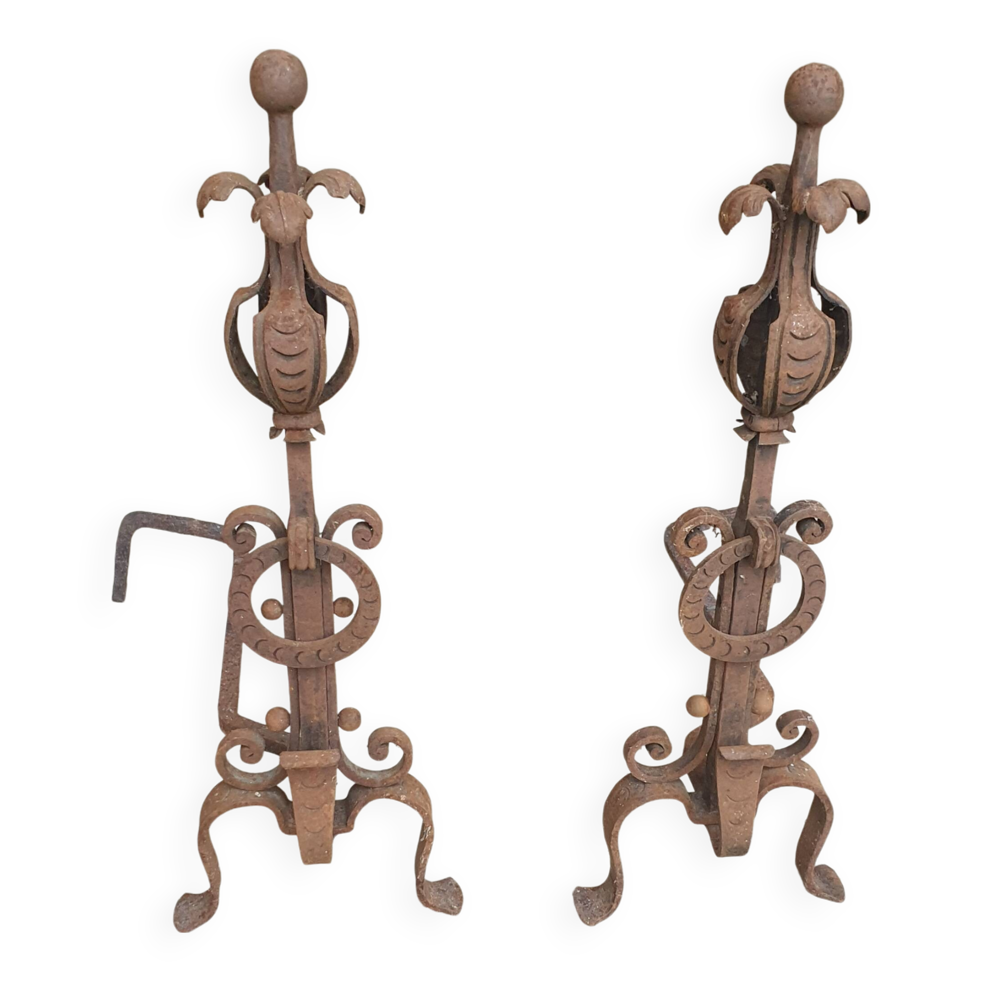 Pair of Wrought Iron Andirons with Refined Ornamentation - 20th Century