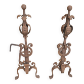 Pair of Wrought Iron Andirons with Refined Ornamentation - 20th Century