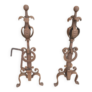Pair of Wrought Iron Andirons with Refined Ornamentation - 20th Century