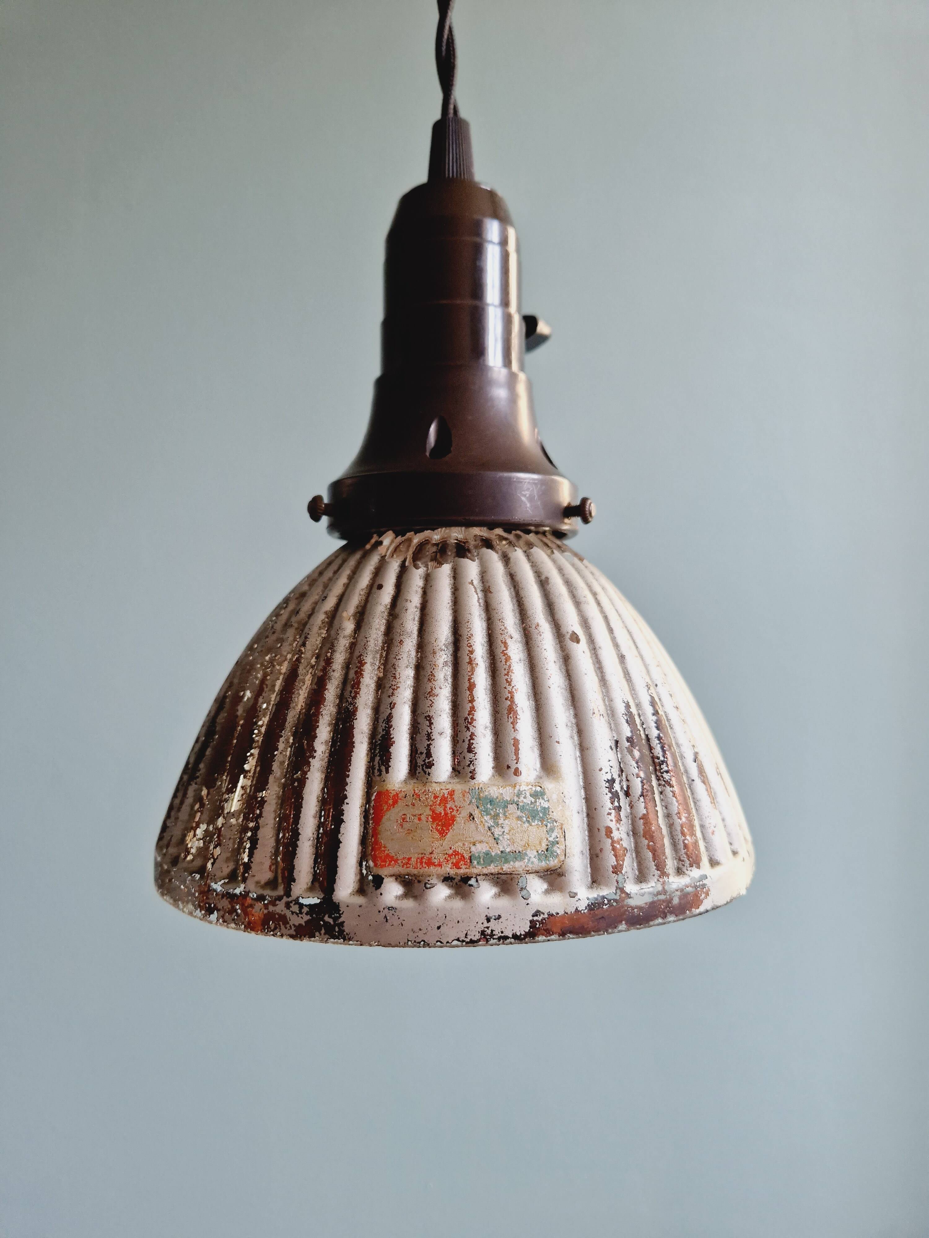 Set of 3 industrial mercury glass pendant lights, GAL (France), 1930s