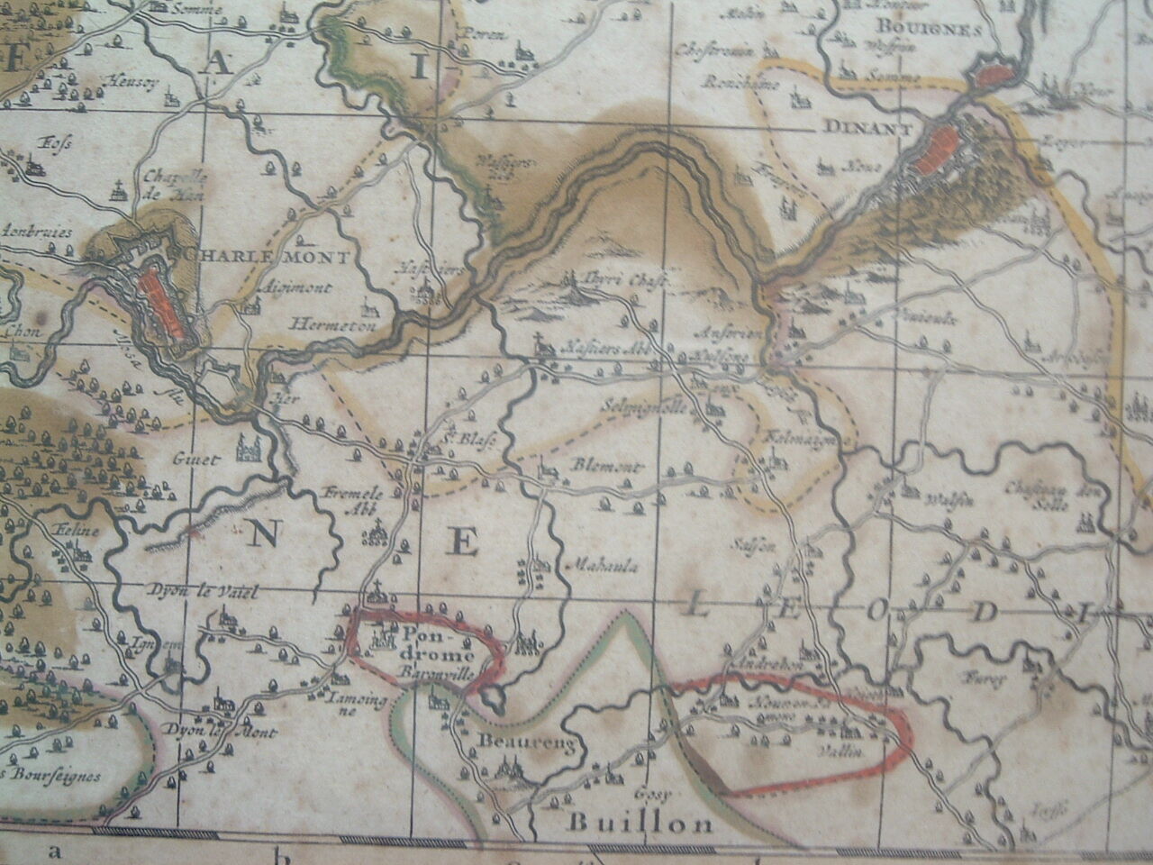 Old map xvii province of namur belgium by visscher, comitatus namurci, atlas minor, frame