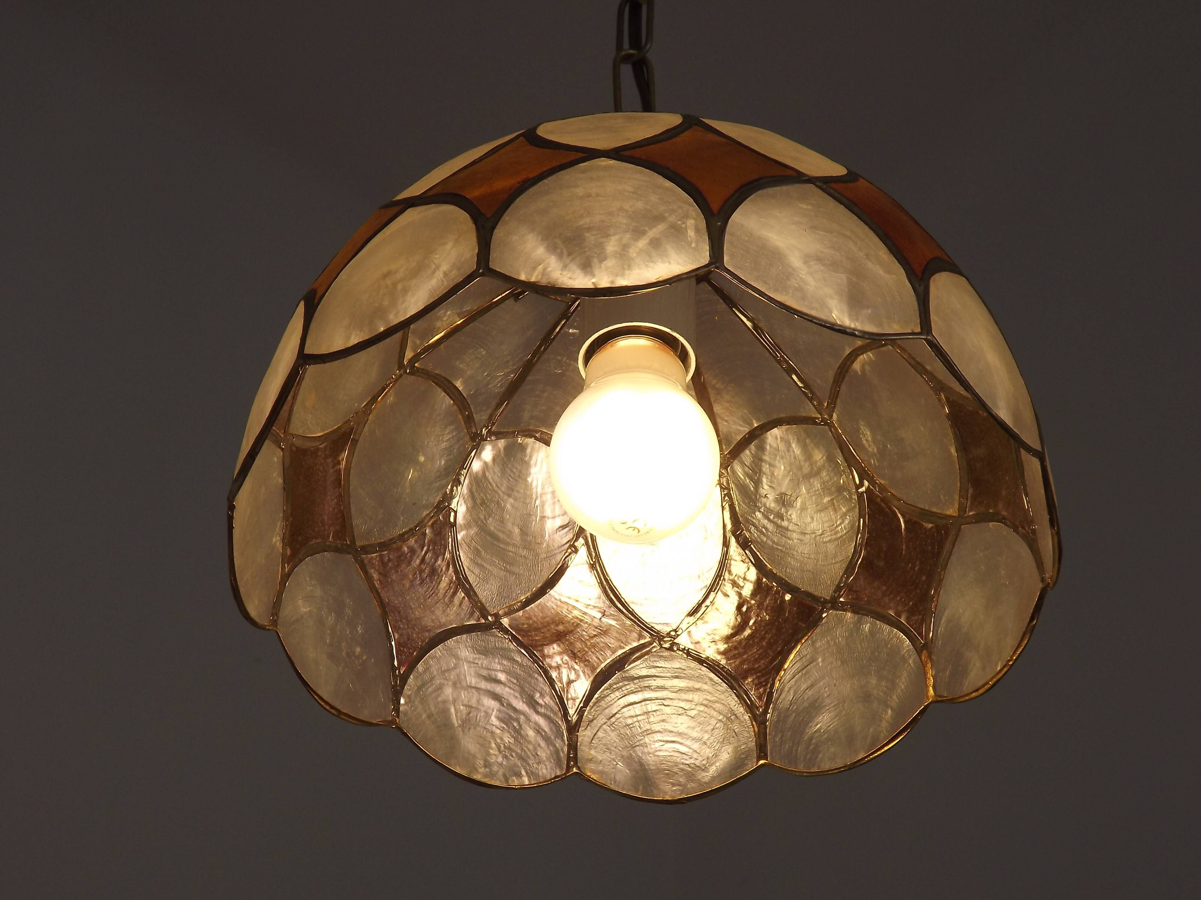 French Vintage Capiz Shell Hanging Pendant Light in Brown & White Gold Trim