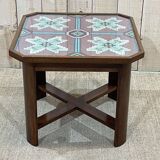 Art Deco side table in mahogany and top covered with a fabric under glass plate