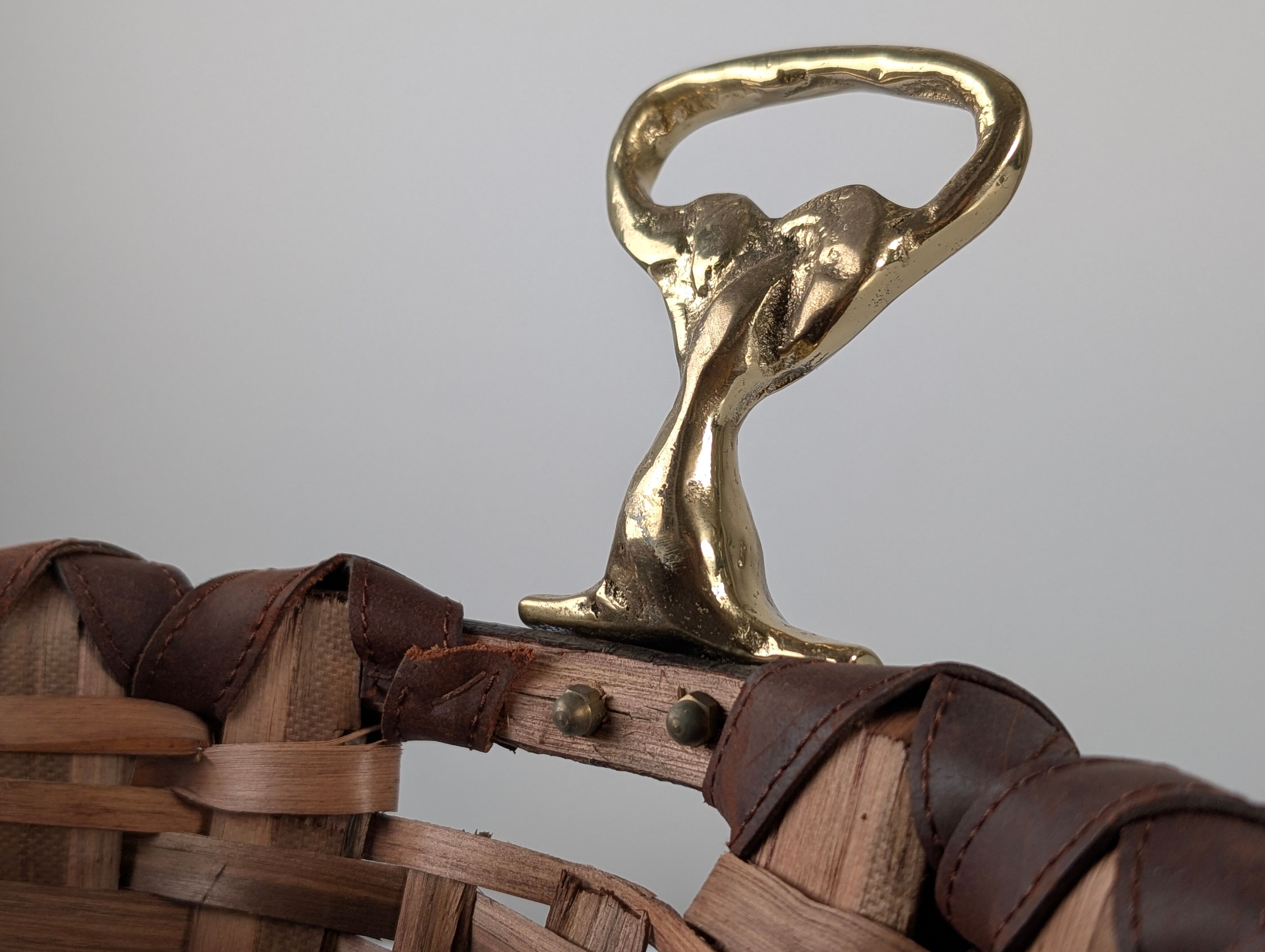 David Marshall brutalist splint wood and cast brass basket, 1970s