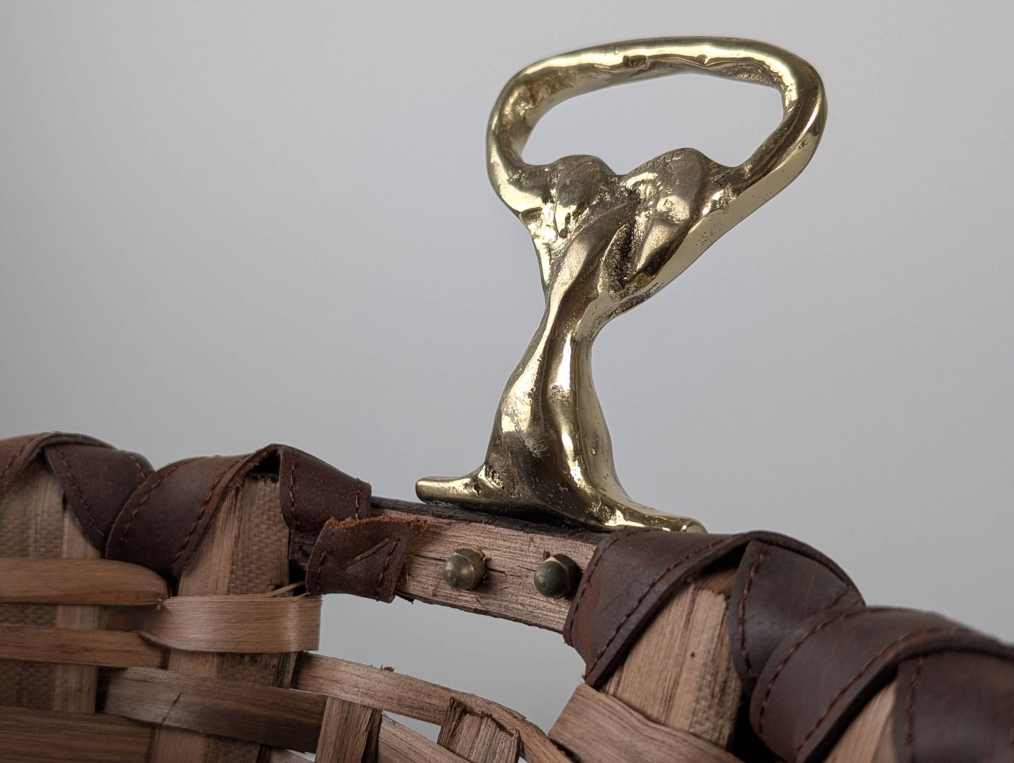 David Marshall brutalist splint wood and cast brass basket, 1970s