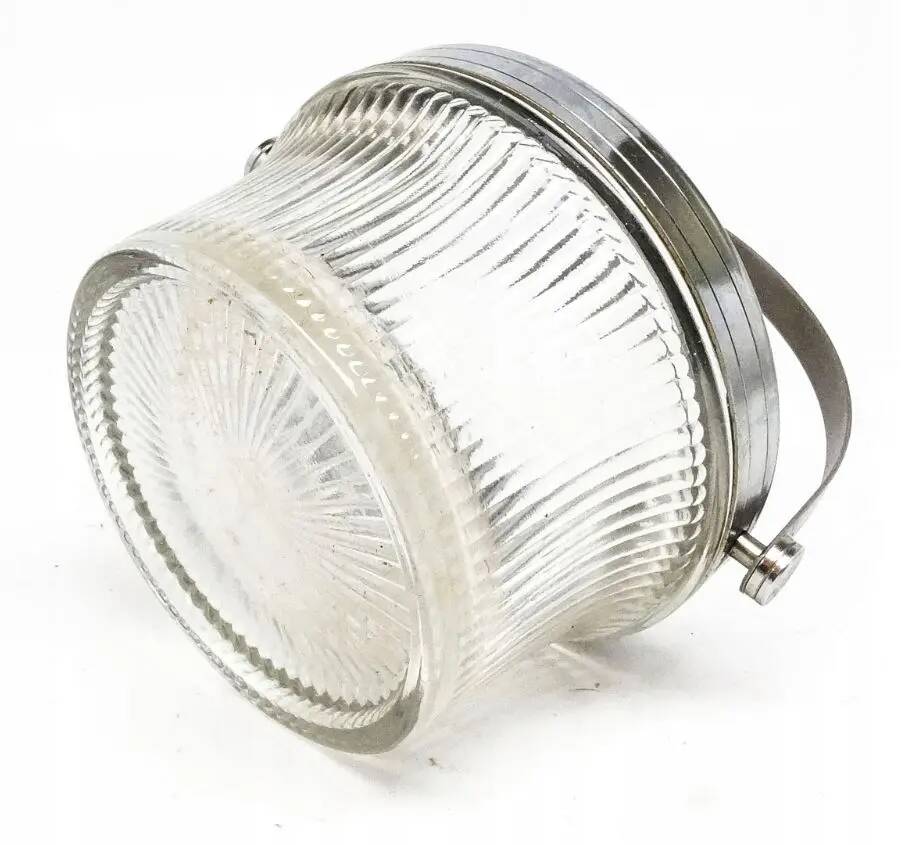 Art Deco sugar bowl, silver-plated brass, pressed glass, Poland, 1950s
